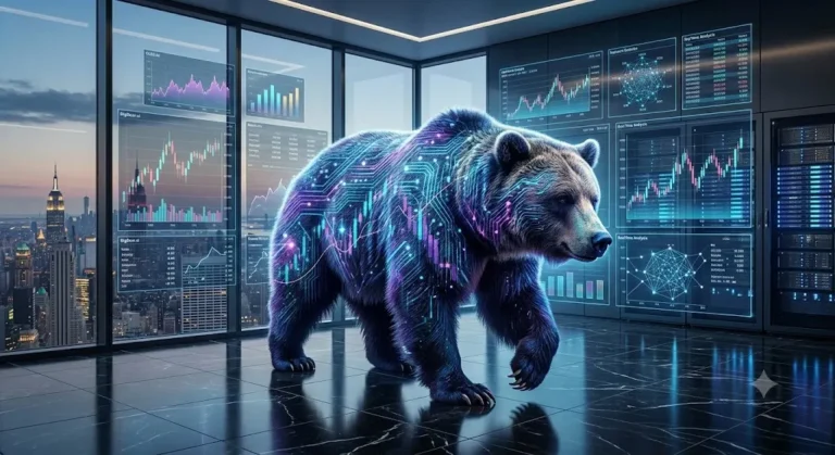 BigBear.ai stock analysis concept: a circuit-patterned bear walking past stock charts and a city skyline