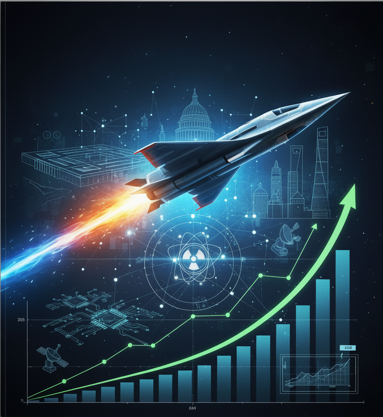 Futuristic hypersonic jet soaring over U.S. Capitol with nuclear symbols and rising A&D ETFs 2025 stock charts, illustrating defense sector surge in arms race.