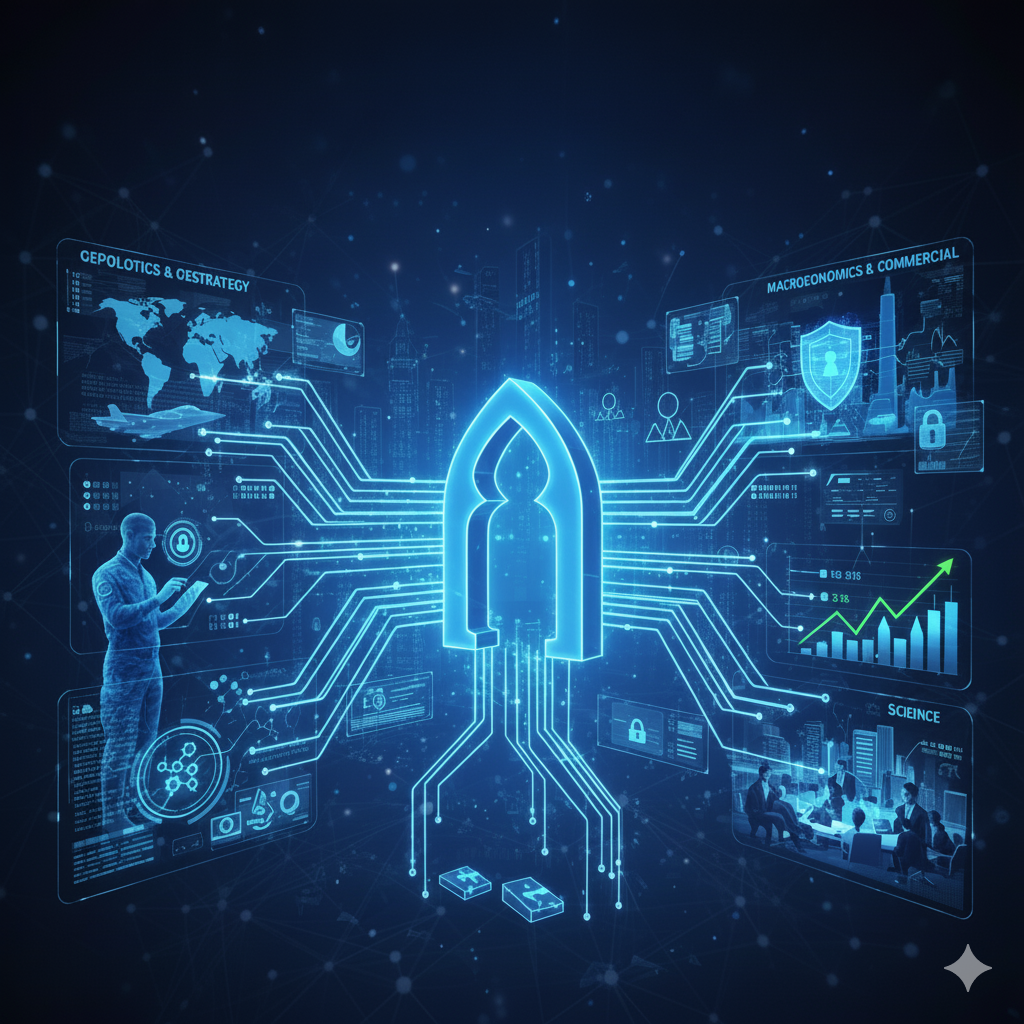 Futuristic AI hologram interface showing Palantir's geopolitical strategy, macroeconomics data, and commercial growth networks for 2025 stock forecast analysis.