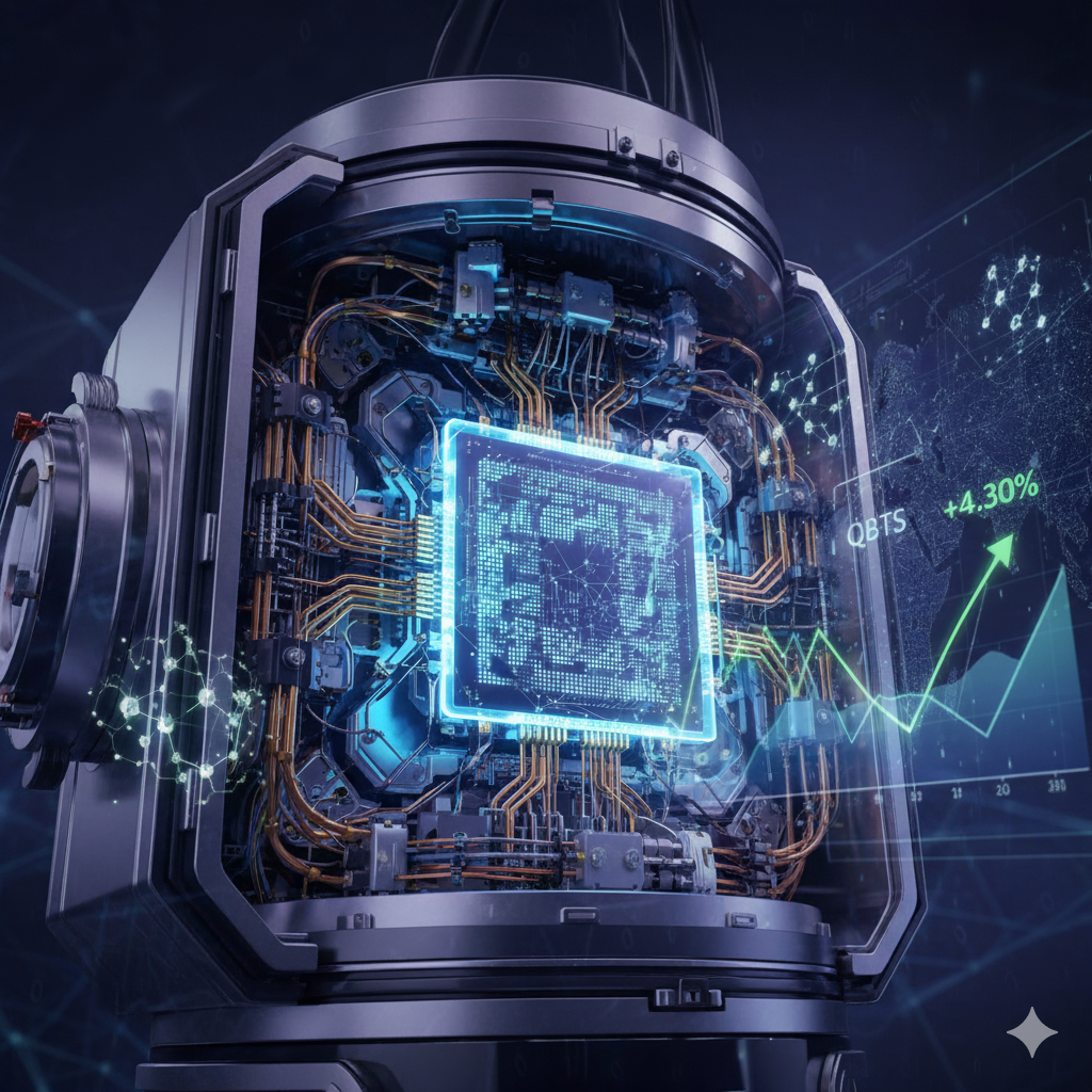 Futuristic D-Wave Quantum computer chassis with glowing qubits and holographic QBTS stock chart showing +4.30% surge, symbolizing quantum advantage and stock analysis growth in 2025.