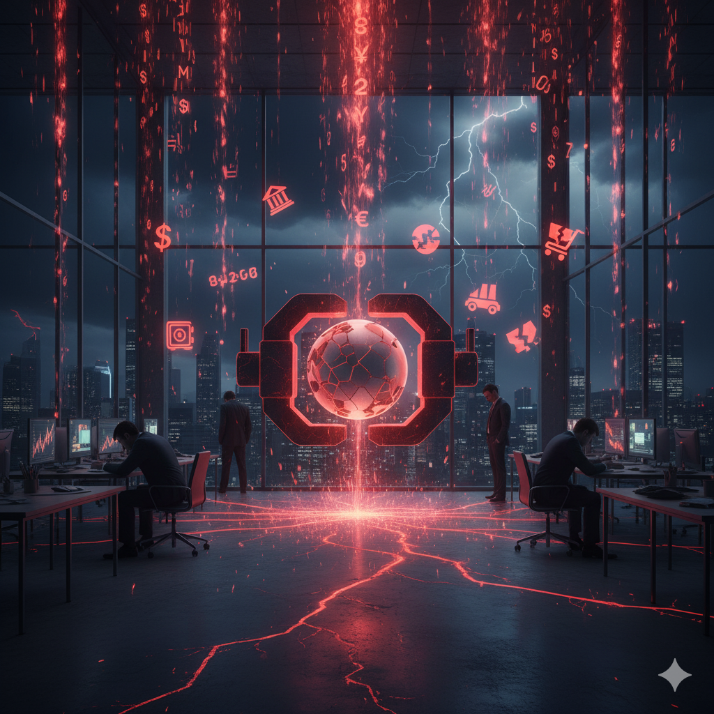 High-tech office visualizing systemic credit crisis drivers: red energy orb encasing a fractured globe, surrounded by cascading financial symbols and analysts at desks tracking global risks in geopolitics, banking, tech, and real estate.