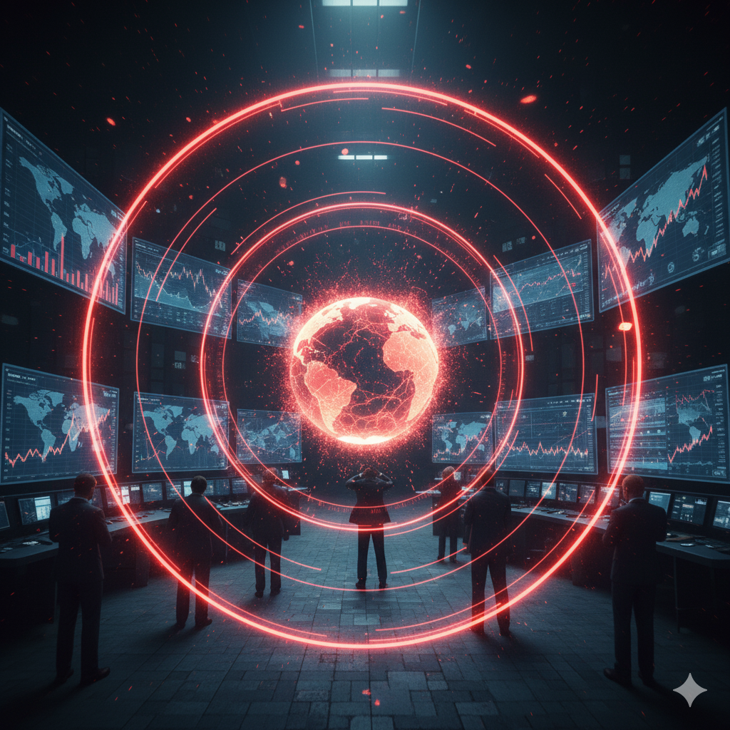 Futuristic control room depicting systemic credit crisis drivers: glowing red-rimmed Earth fracturing amid global financial charts on multi-screens, with analysts monitoring interconnected risks in geopolitics, banking, tech, and real estate.