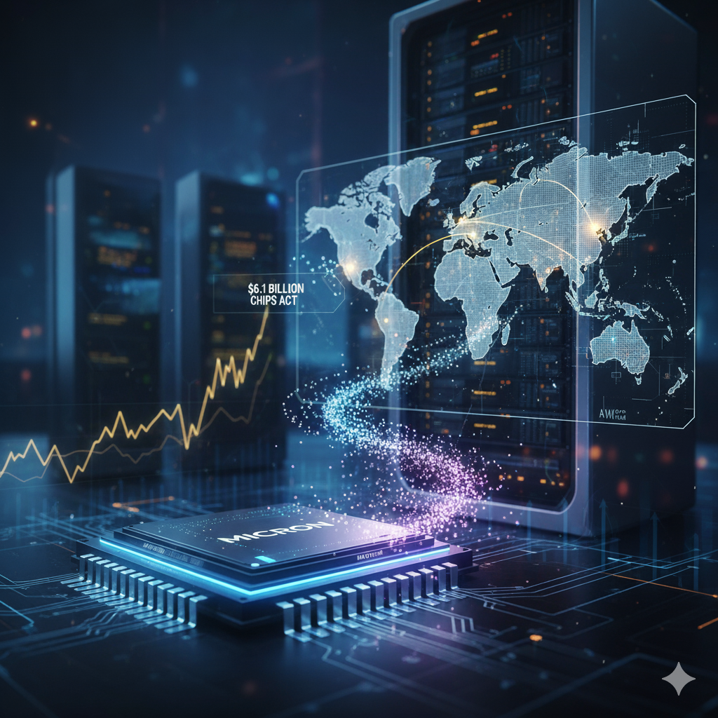 Micron AI memory chip glowing blue amid futuristic data centers and global network map, highlighting $6.1B CHIPS Act funding and surging AI growth chart for 2025 supercycle.