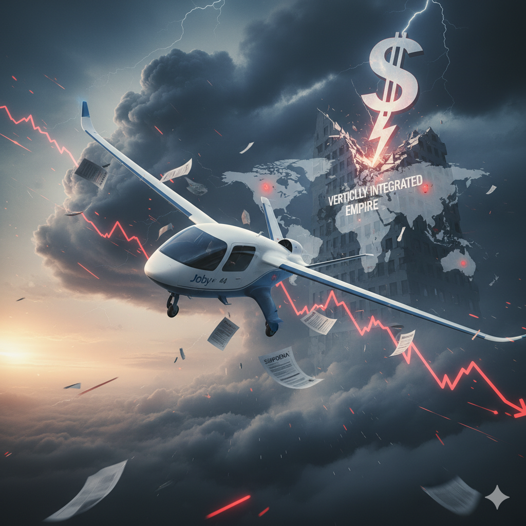 Dramatic illustration of Joby Aviation's S4 eVTOL aircraft navigating a stormy sky amid crashing stock charts and crumbling vertical integration empire, symbolizing 2025 financial turbulence and regulatory risks for the air taxi pioneer.