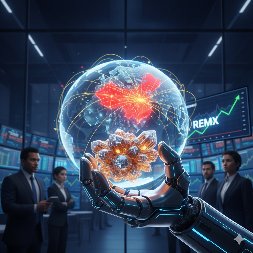 A robotic hand holds glowing rare earth elements, with a holographic globe showing China highlighted in red and a stock chart for REMX in the background, overseen by business professionals in a modern financial office.