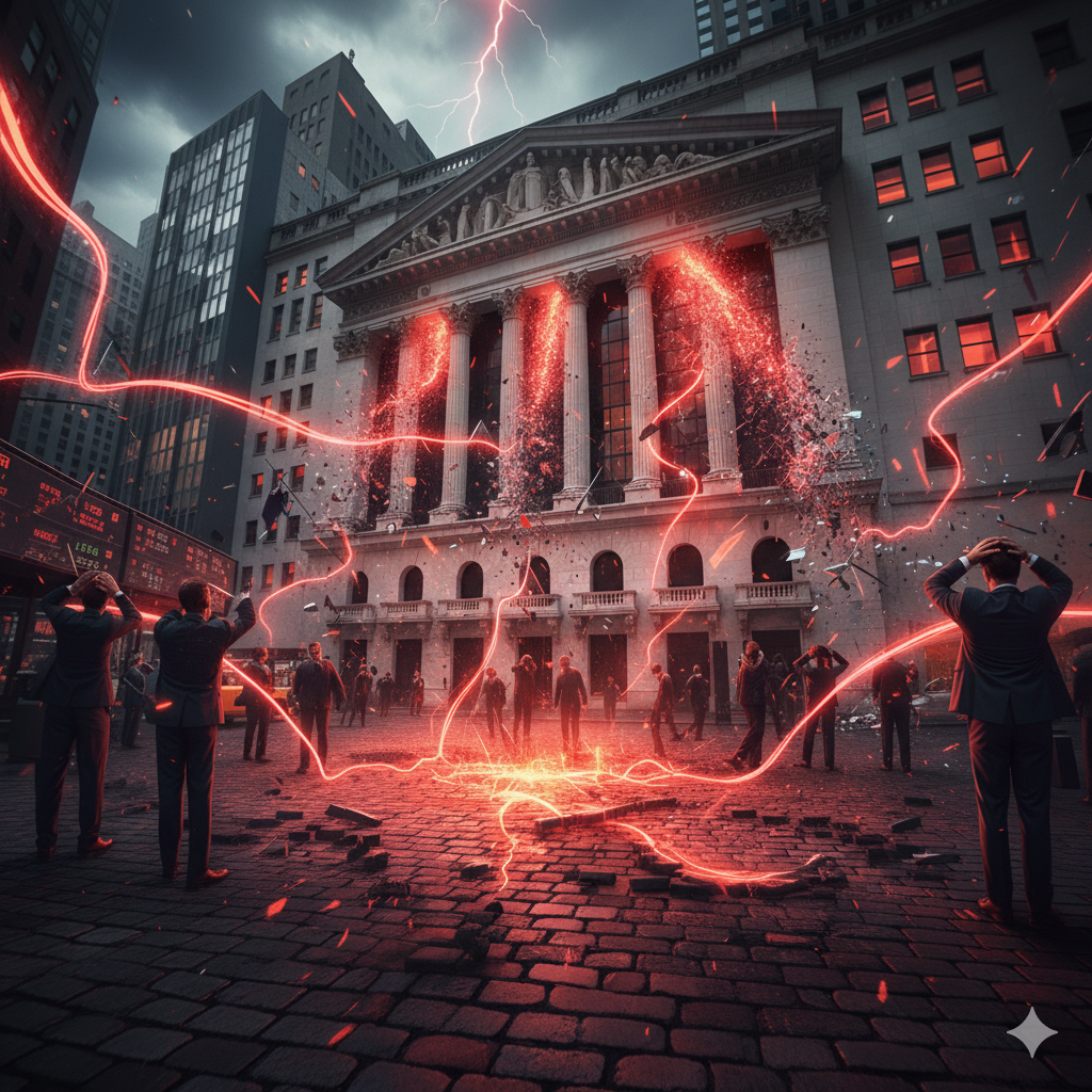 Dramatic visualization of systemic credit crisis drivers erupting at the New York Stock Exchange, with red energy waves symbolizing interconnected risks in banking, geopolitics, tech, and real estate amid panicked brokers and stormy skies.