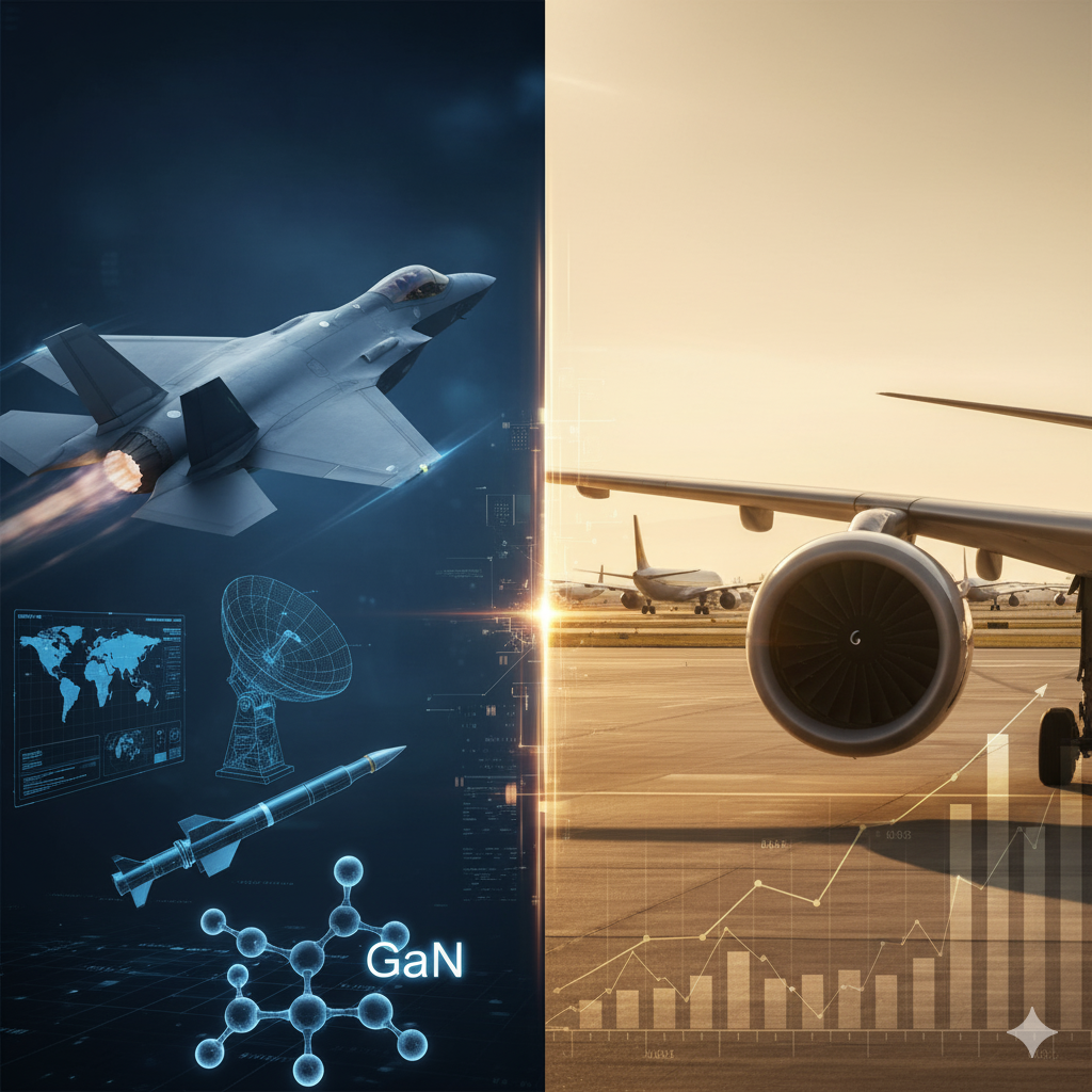 Split-image graphic: Left side shows RTX defense tech with F-35 fighter jet launching missile, LTAMDS radar, GaN semiconductor structure, and global map; right side depicts commercial aviation recovery with Airbus A320neo on runway, GTF engine close-up, and upward revenue charts under sunset sky.