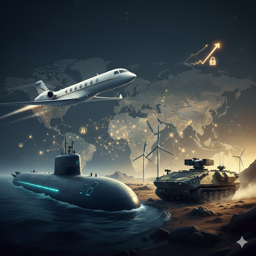 A futuristic digital illustration of General Dynamics' defense and aerospace dominance: a sleek Gulfstream jet soars over a glowing world map dotted with secure networks, while a Columbia-class submarine emerges from the ocean beside a next-generation armored reconnaissance vehicle on rugged terrain, with rising profit graphs and cyber lock icons symbolizing geopolitical growth and innovation in Q3 2025.