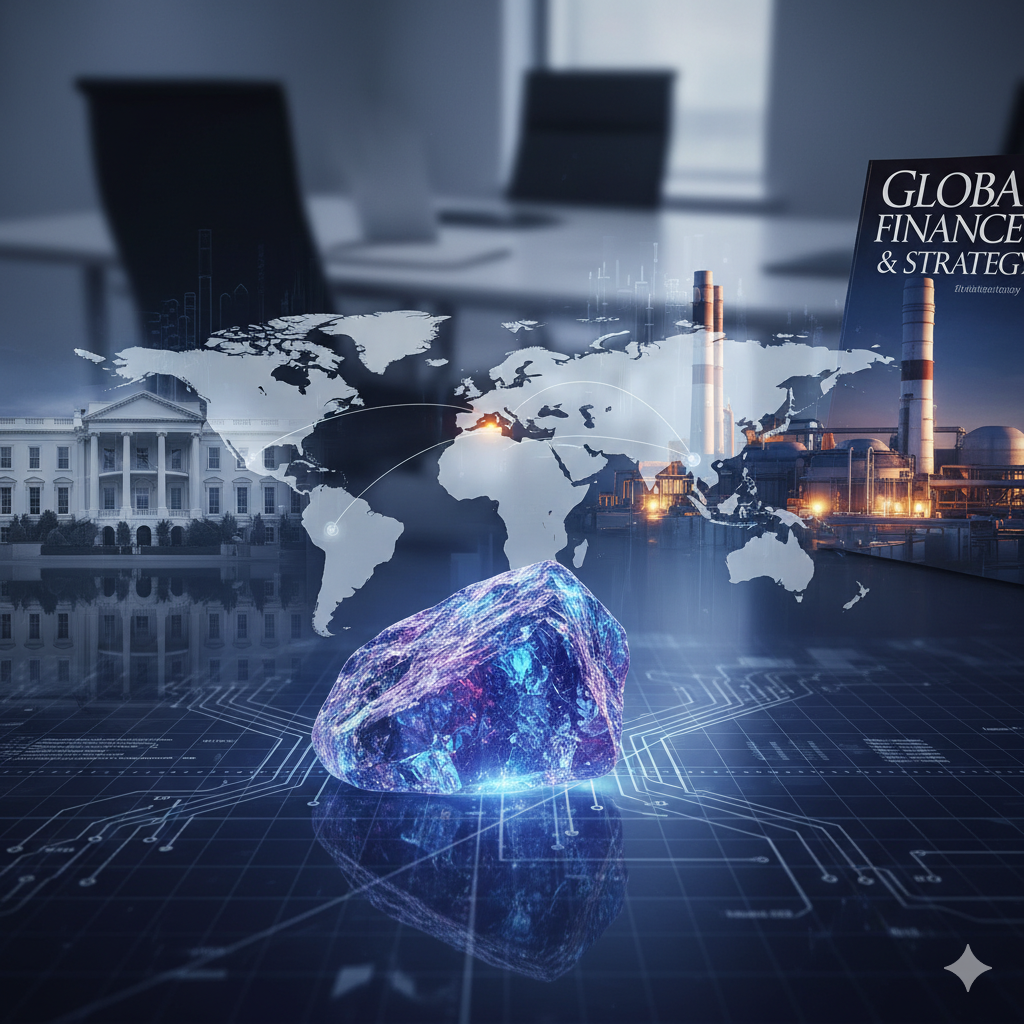 A futuristic digital collage illustrating global geopolitical strategy in rare earth minerals: a glowing blue rare earth crystal on a circuit board overlay, centered over a world map highlighting the US (White House), Australia, and industrial factories with chimneys, evoking supply chain tensions and Western diversification efforts.