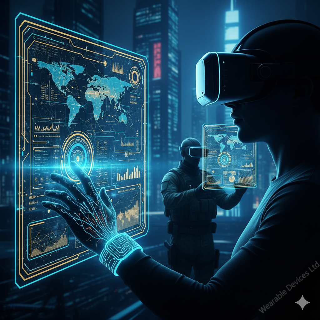 Futuristic scene of users in cyberpunk cityscape employing Wearable Devices Ltd (WLDS) neural wristbands for touchless XR interfaces and defense tech, displaying holographic global maps, dashboards, and gesture controls in 2025.