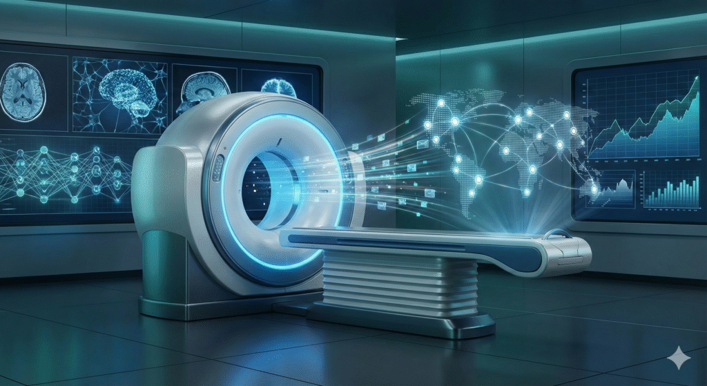 A futuristic concept art of a medical CT scanner resembling Nano-X Imaging technology, emitting a digital holographic beam connecting to a global map, with rising financial stock charts and data analytics displayed on background screens.
