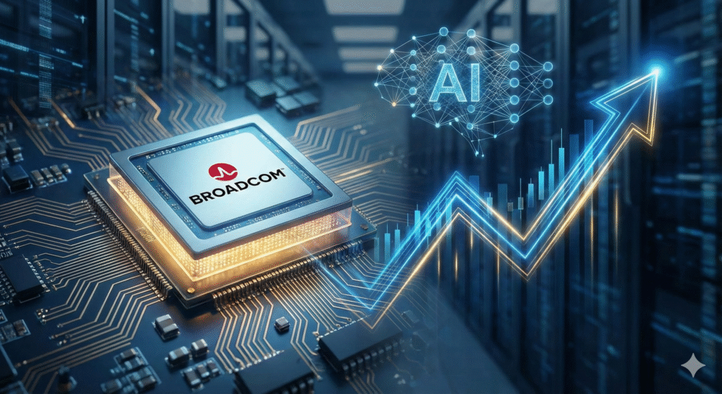 A futuristic Broadcom AI chip on a circuit board, featuring a glowing blue neural network brain and an upward-trending stock arrow symbolizing market growth.
