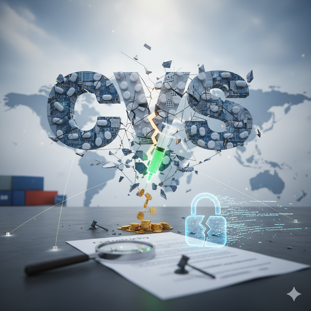 Shattering CVS Health logo amid 2025 risks: GLP-1 syringes, PBM pills, cyber locks, legal gavels, and global supply chains