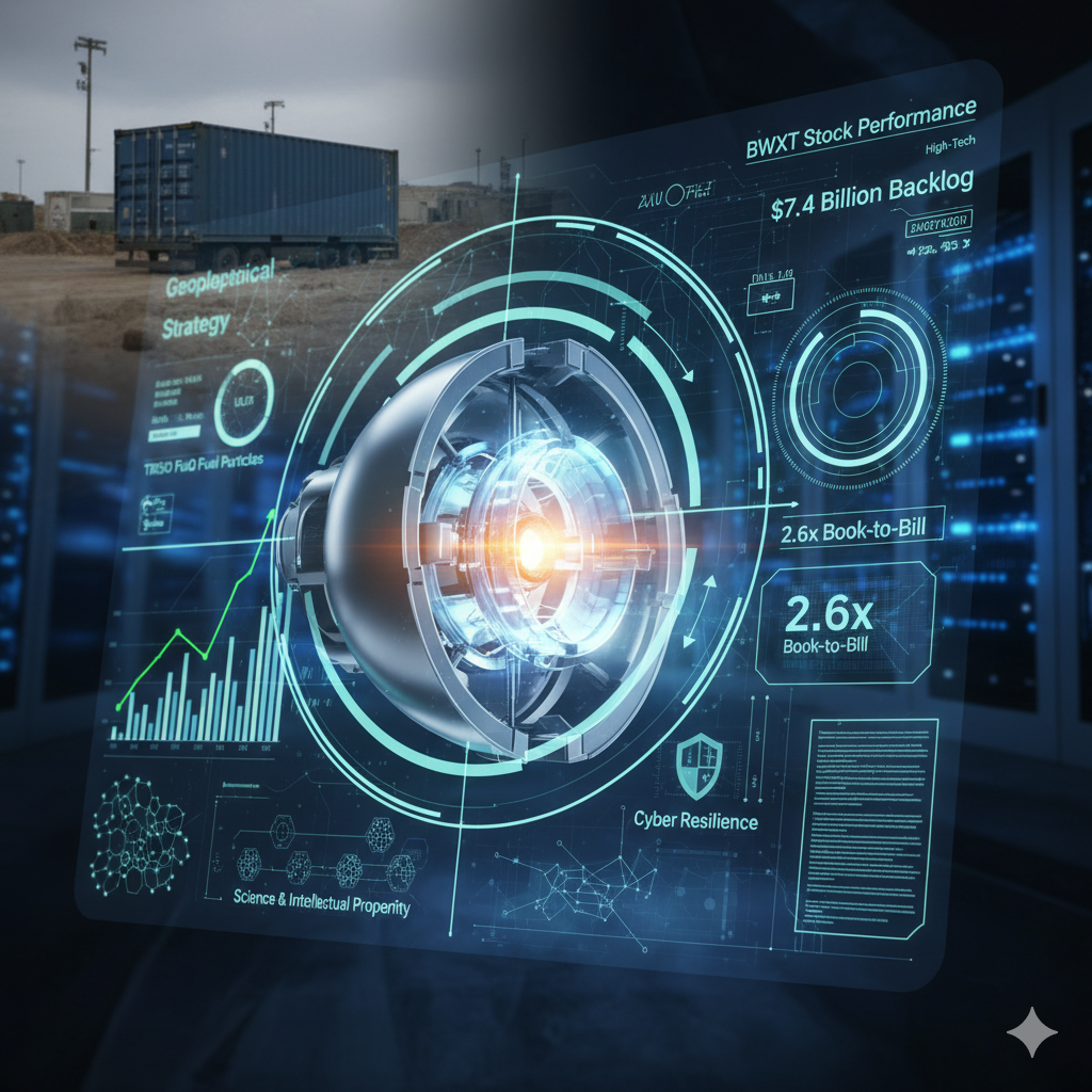 BWXT nuclear dominance hologram: Desert microreactor site with $7.4B backlog overlay, TRISO fuel particles, 2.6x book-to-bill, and cyber resilience UI from Q3 2025 earnings.