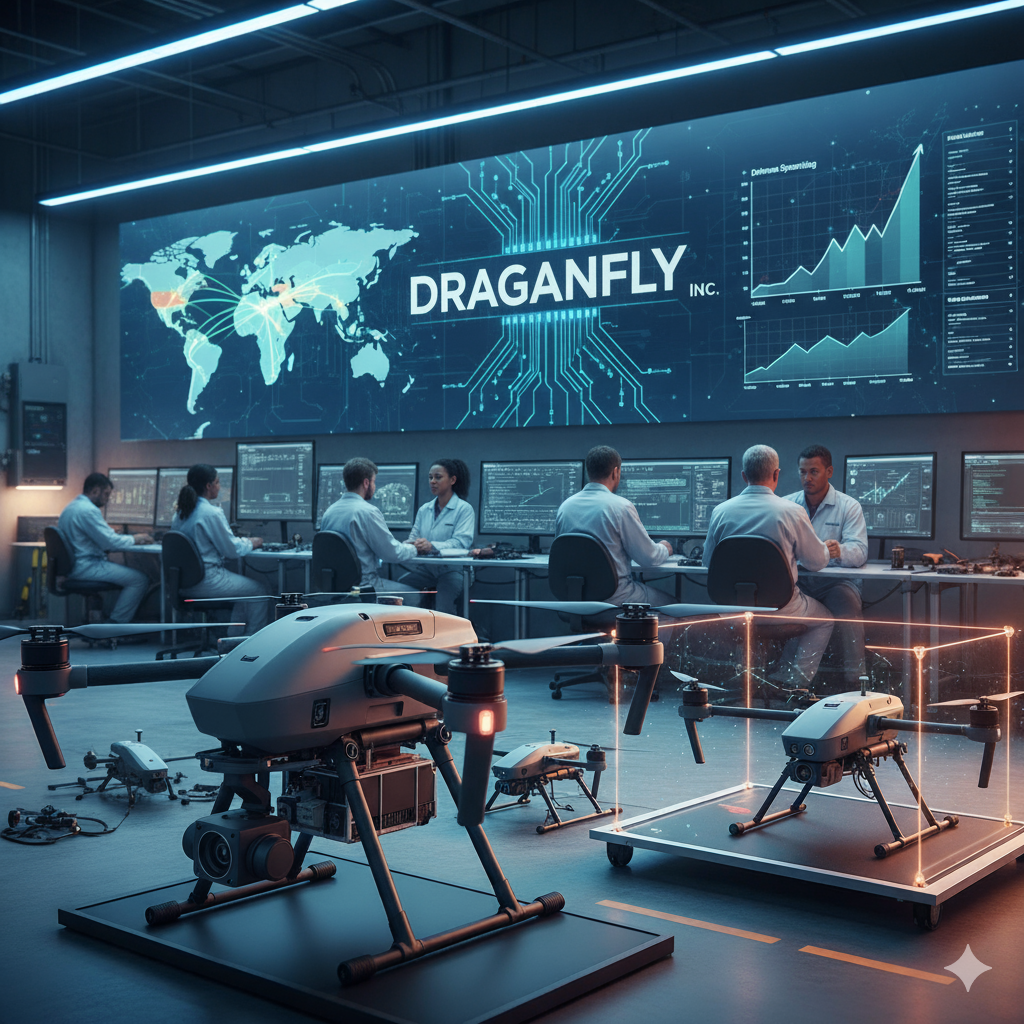 Draganfly military drones in action: NDAA-compliant Commander 3XL UAVs, global defense maps, and 2025 revenue charts in high-tech control room