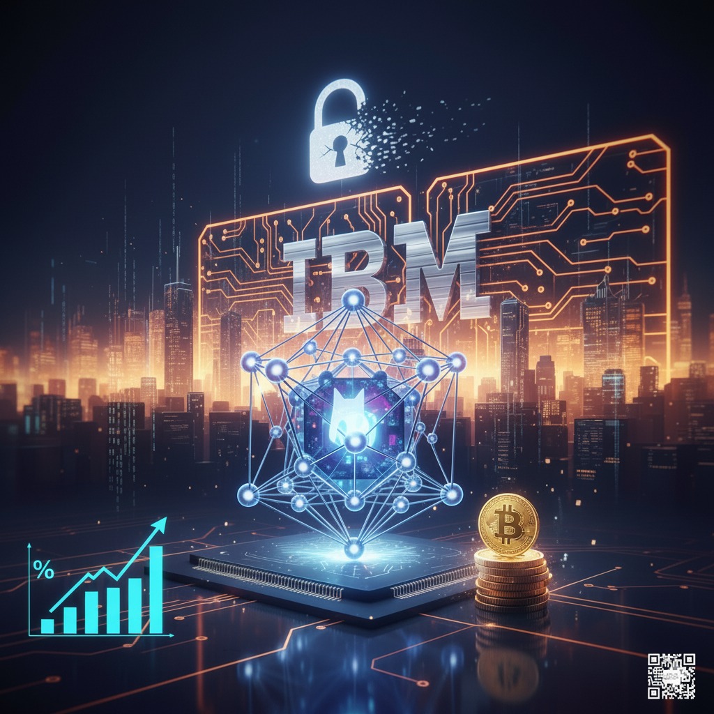 IBM quantum strategy visualization: Glowing IBM logo with unbreakable lock, quantum entanglement mesh, Bitcoin security, and rising revenue chart in futuristic cityscape – post-quantum cryptography dominance.