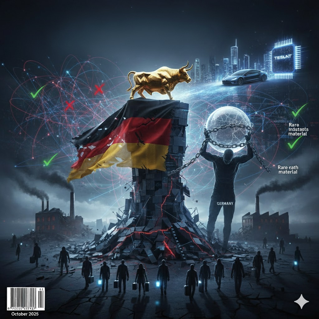 Germany's economy 2025: Crumbling factories and chained rare earth materials under DAX bull and Tesla EVs, symbolizing structural crisis and manufacturing decline.