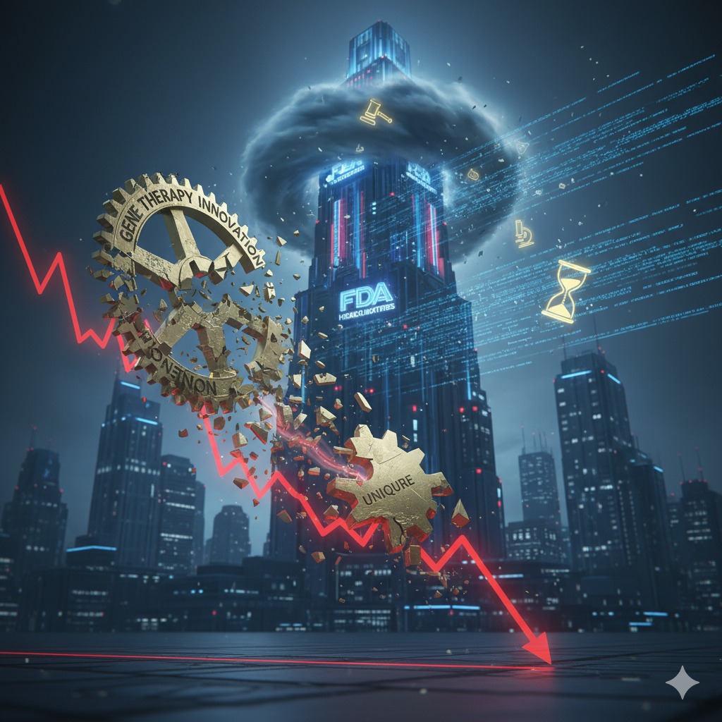 Dramatic cyberpunk illustration of UniQure FDA reversal: crashing gene therapy gears, red stock plunge arrows, and stormy FDA tower symbolizing 2025 biotech setback for AMT-130 Huntington's treatment.