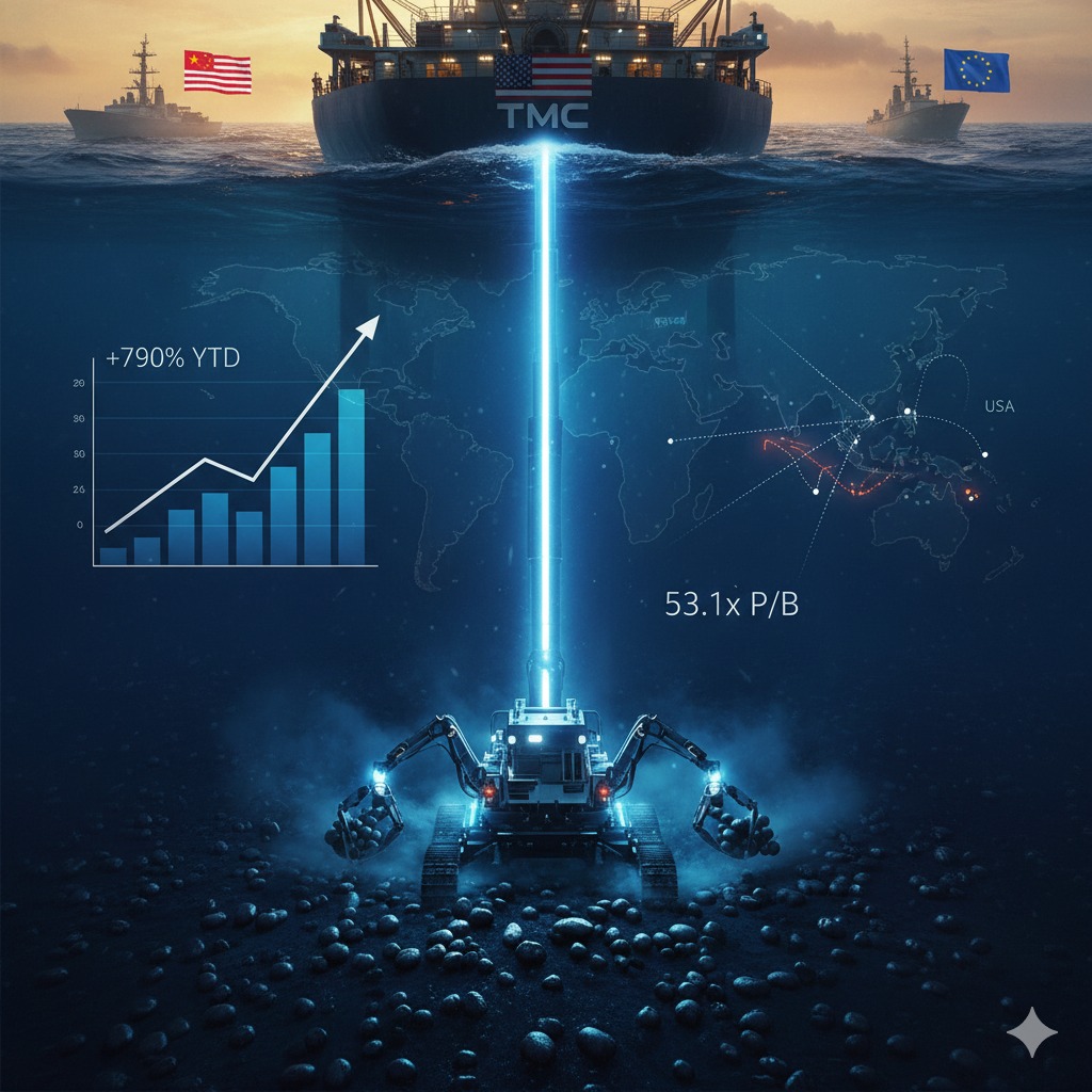 Dramatic deep-sea mining scene: U.S., Chinese, and EU naval ships surround TMC vessel in geopolitical tension; underwater view shows robotic arm collecting nodules in Clarion-Clipperton Zone, with 790% YTD stock surge chart and 53x P/B valuation overlay.