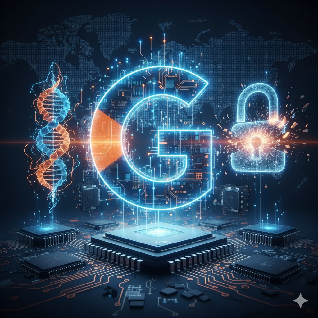 Google's verifiable quantum advantage illustrated: Willow chip circuits, AlphaFold DNA helix, TPU locks, and global map in 2025 tech supremacy