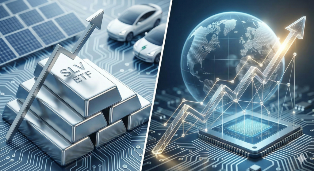 Silver bullion bars stamped with "SLV ETF" sitting on a microchip circuit board, surrounded by electric vehicles and solar panels, illustrating the iShares Silver Trust investment thesis.