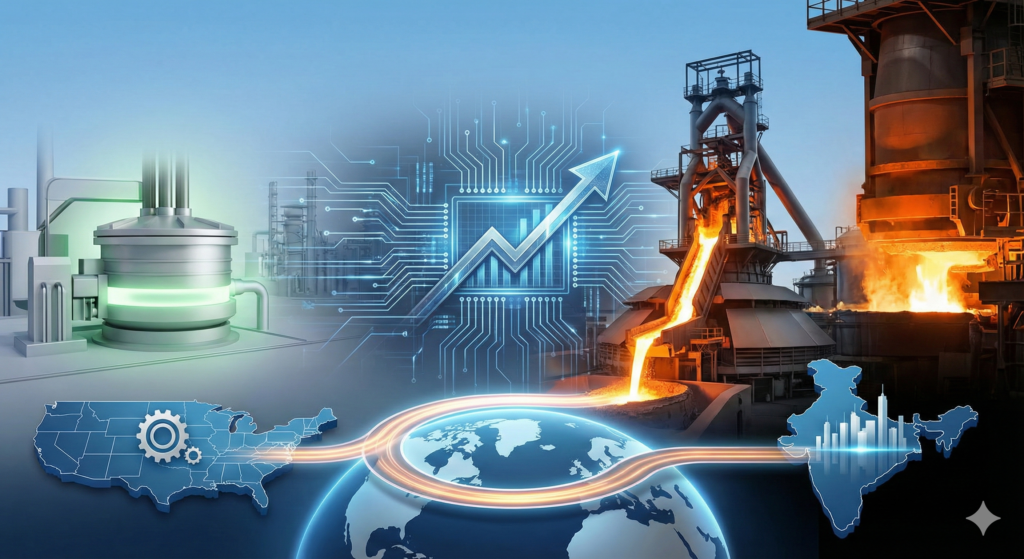 Digital illustration of Nippon Steel global strategy featuring a blast furnace, green electric arc furnace technology, stock market charts, and maps connecting the USA and India.