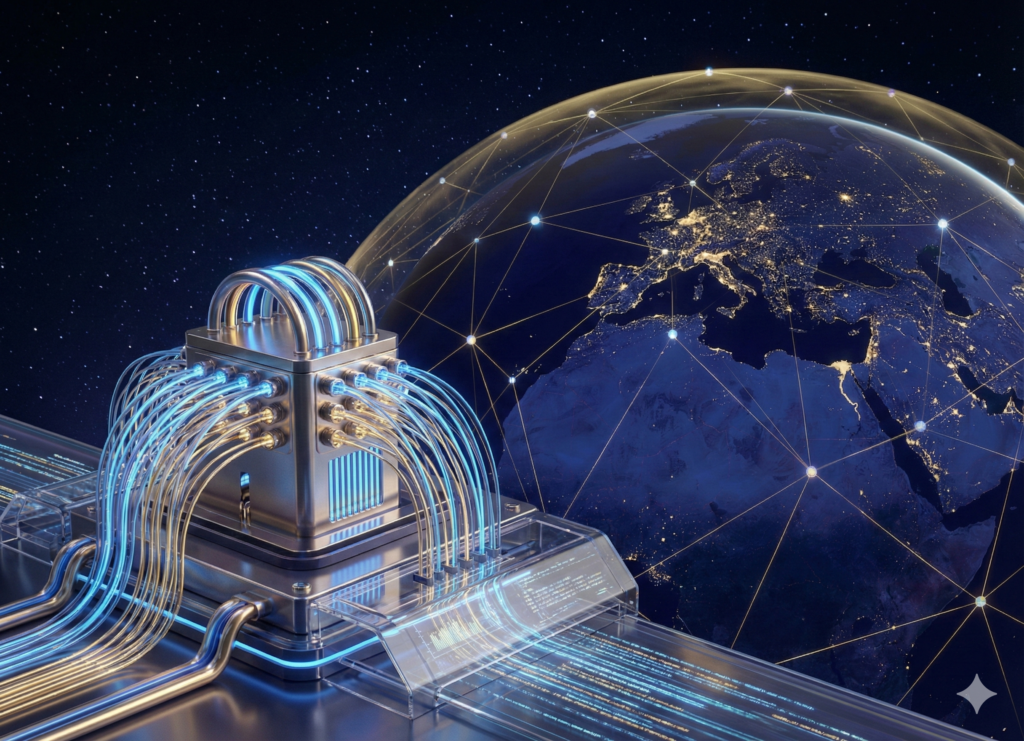 Quantum computing device on a satellite platform orbiting Earth with a glowing data network, representing Sidus Space Edge AI technology and the Golden Dome missile defense shield