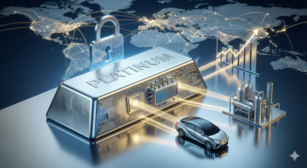 Essential for accessibility and SEO ranking. "Platinum bar connected to hydrogen refinery and electric vehicle with rising stock chart and global map background."