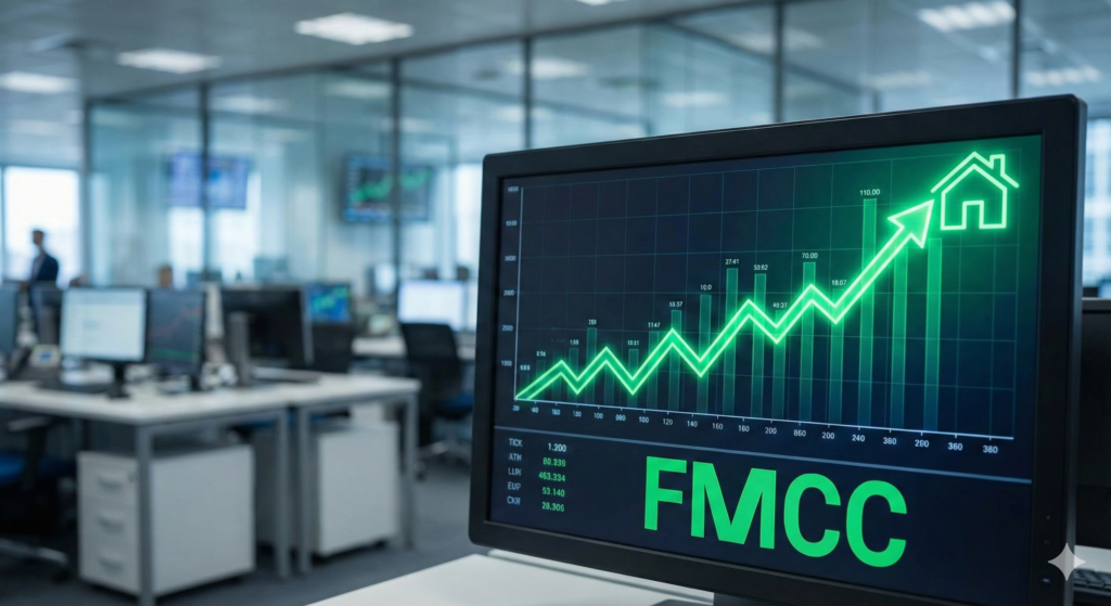 Stock market graph showing Freddie Mac (FMCC) rising with a digital housing icon and trading terminal background.
