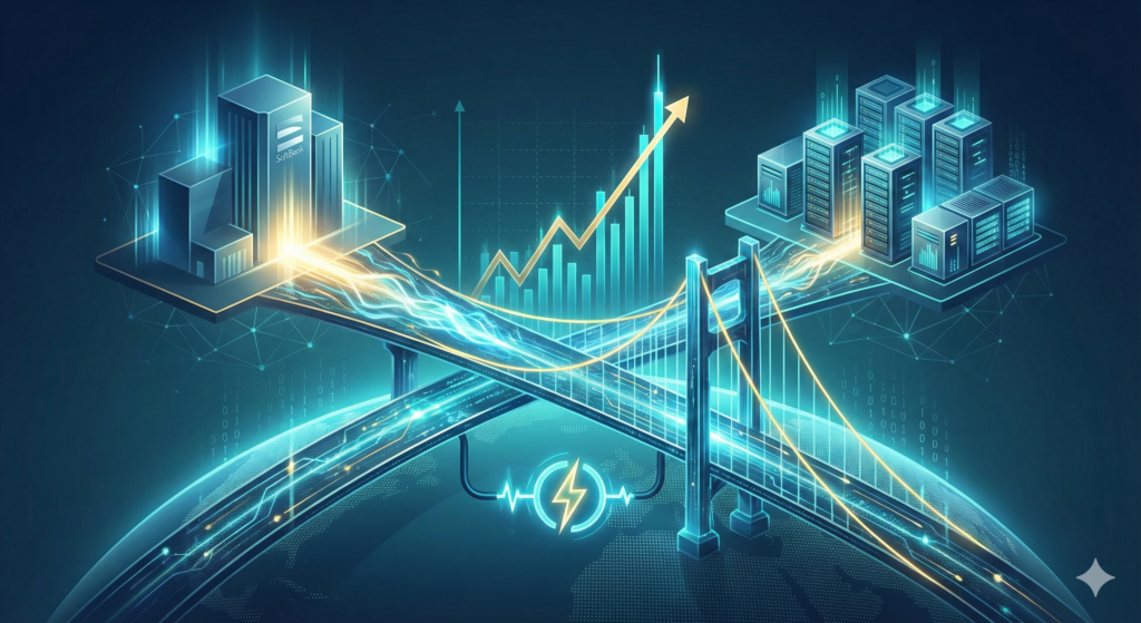 Futuristic illustration showing a glowing digital bridge connecting a SoftBank skyscraper to high-density data center servers, symbolizing energy transfer and rising stock value.