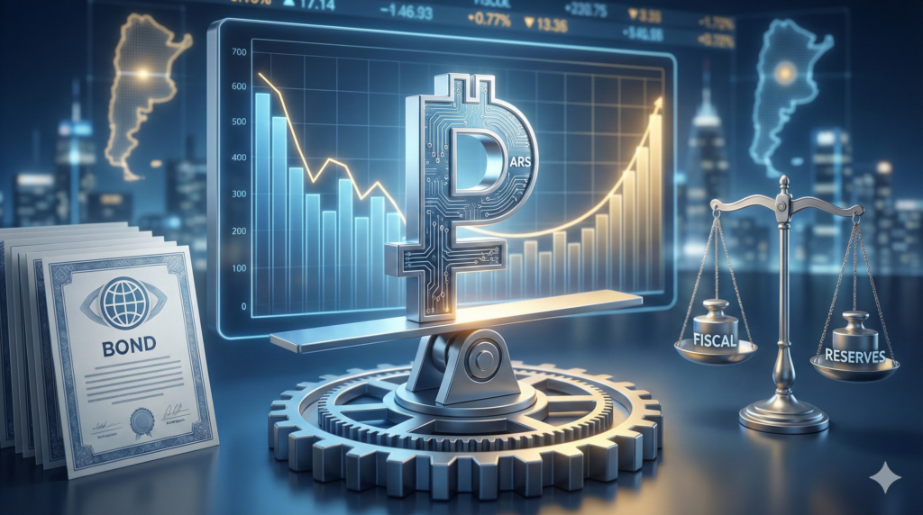 Digital Argentine Peso symbol balancing on a scale between fiscal surplus and reserves, set against financial charts and a map of Argentina.