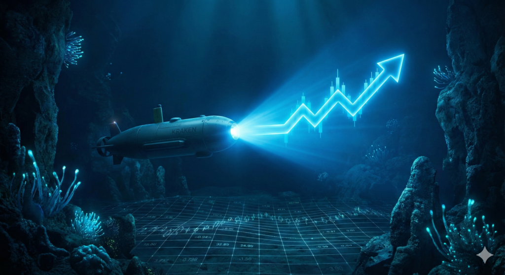 Autonomous underwater vehicle (AUV) navigating the deep sea with a glowing blue stock market chart arrow pointing upward, representing Kraken Robotics stock growth.
