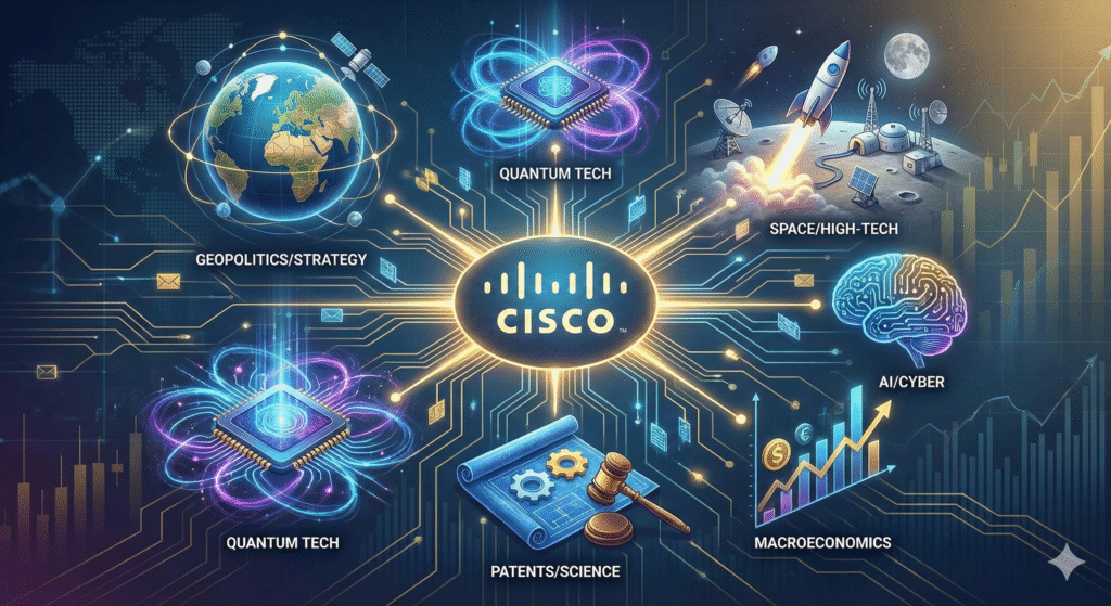 Cisco Systems central hub illustration connecting global geopolitics, quantum technology chips, space exploration rockets, and AI cybersecurity growth drivers.
