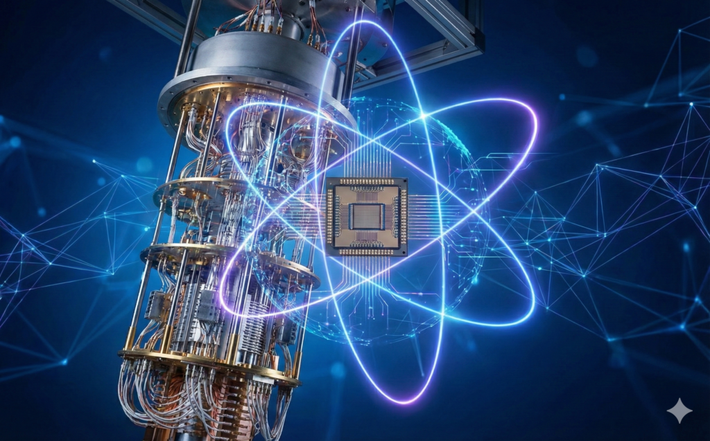 D-Wave quantum computer processor and dilution refrigerator visualization representing QBTS stock potential in 2026.