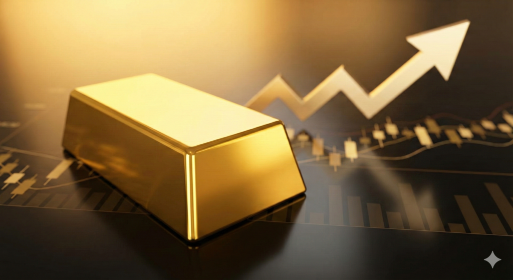 A solid gold bar positioned next to a rising financial growth arrow and candlestick stock market chart, symbolizing a $7,000 gold price forecast.