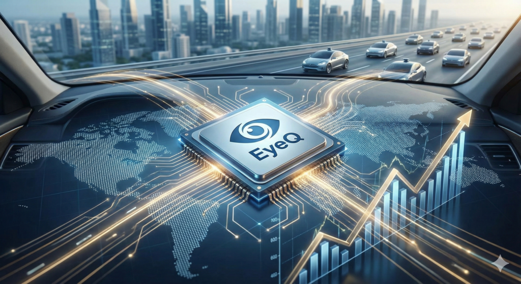 A high-tech automotive processor chip labeled EyeQ on a digital circuit board background with a city skyline and traffic.