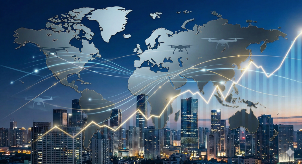 Global drone network and rising financial stock chart over a modern city skyline at dusk.