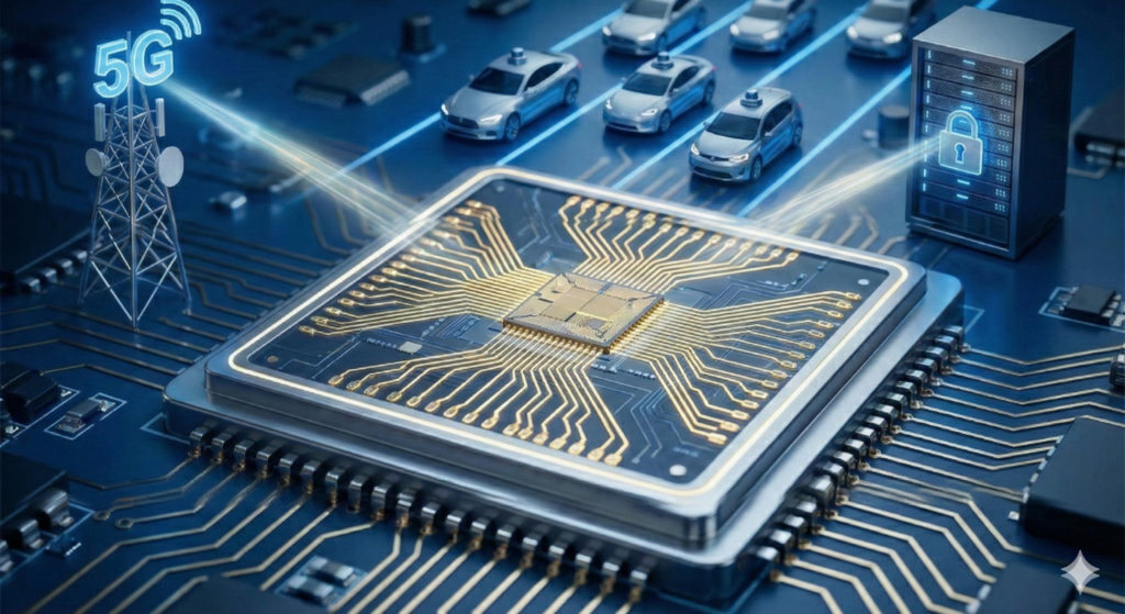 Microchip on a circuit board with 5G tower, autonomous cars, and a secure server, representing Peraso's 60GHz technology applications.