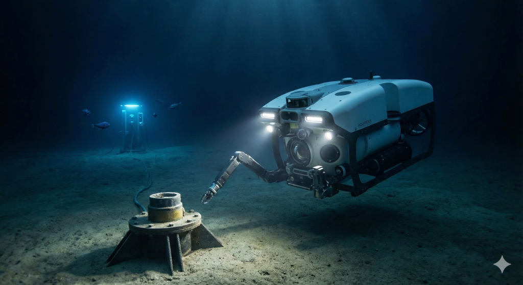 Nauticus Robotics Aquanaut autonomous underwater vehicle inspecting subsea infrastructure.