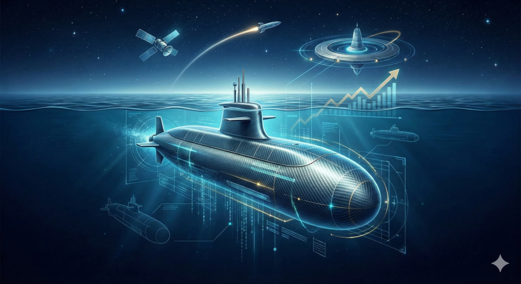 Futuristic submarine and satellite illustration representing Karman Space & Defense acquisition of Seemann Composites with rising stock chart overlay.