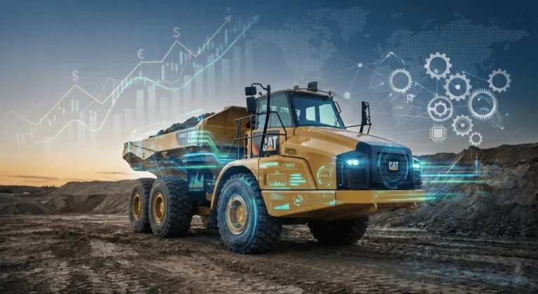 Caterpillar 793 autonomous mining truck with holographic financial charts and digital network nodes in an Arctic mine setting.