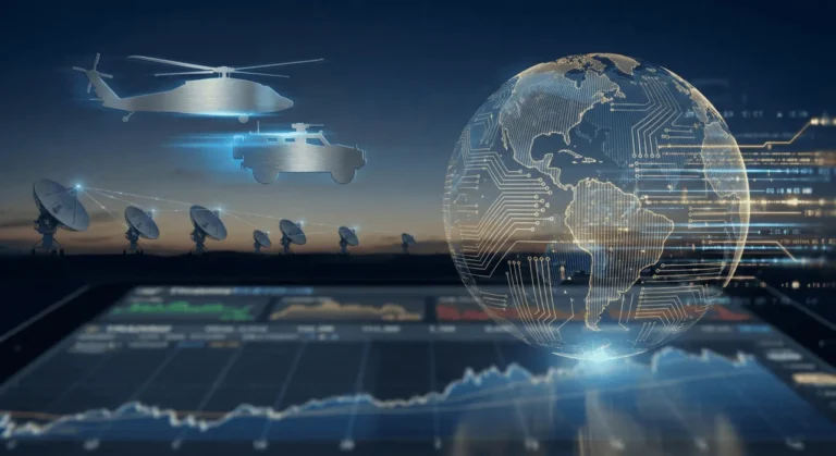 A digital concept illustration of Elbit Systems defense technology, featuring a military helicopter and armored vehicle with digital network overlays and rising financial stock charts.