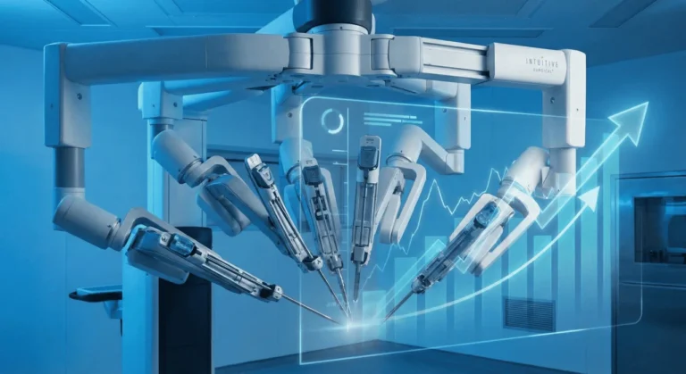 da Vinci 5 surgical robot system with financial growth chart overlay 2026.