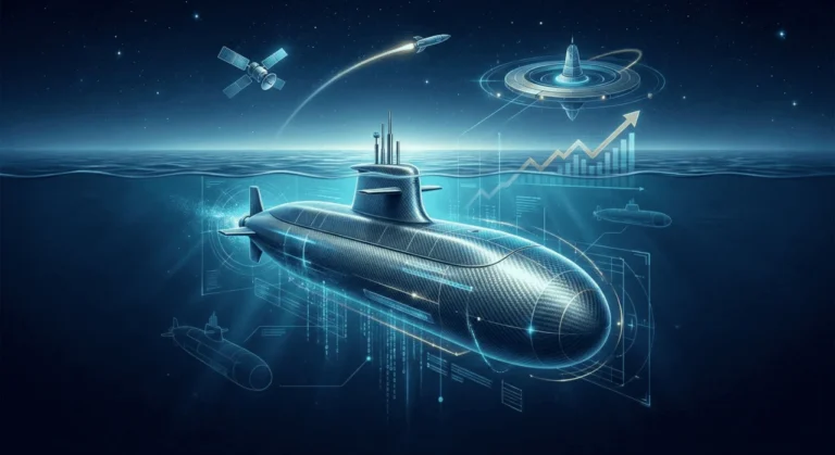 Futuristic submarine and satellite illustration representing Karman Space & Defense acquisition of Seemann Composites with rising stock chart overlay.
