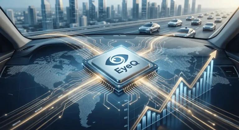 A high-tech automotive processor chip labeled EyeQ on a digital circuit board background with a city skyline and traffic.