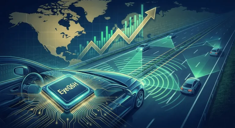 A digital illustration of a vehicle interior featuring a prominent EyeQ6H system-on-chip, with a background showing a rising stock arrow over a world map and cars using autonomous sensors on a highway.