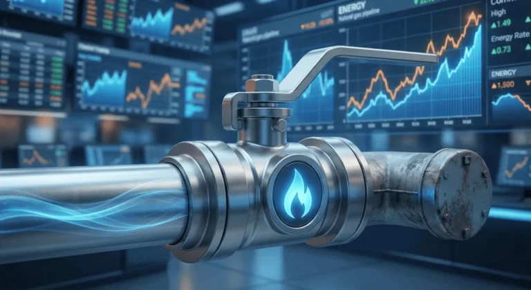 Close-up of a stainless steel natural gas pipeline valve with a digital blue flame icon, set against a background of blurred financial stock market charts and trend lines.