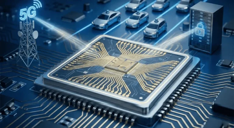 Microchip on a circuit board with 5G tower, autonomous cars, and a secure server, representing Peraso's 60GHz technology applications.
