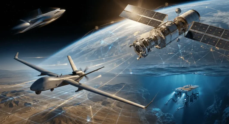 Redwire Corporation multi-domain defense ecosystem showing VLEO satellites, Stalker drone, and orbital infrastructure.