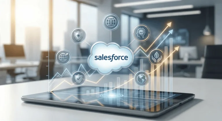 Salesforce logo on a digital tablet surrounded by AI, security icons, and rising financial charts representing the $5.6 billion US Army defense contract.